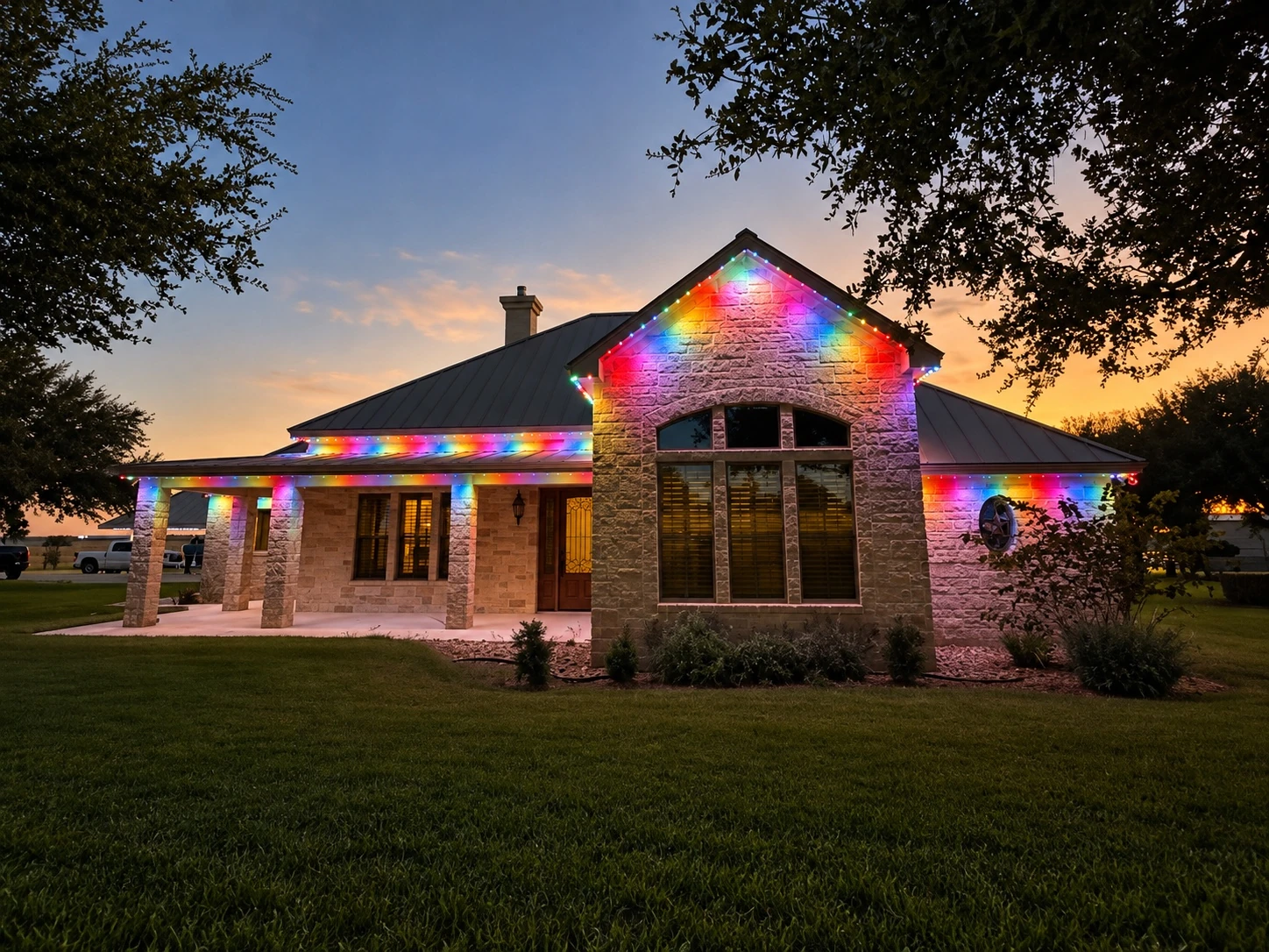Home illuminated with colorful permanent lighting
