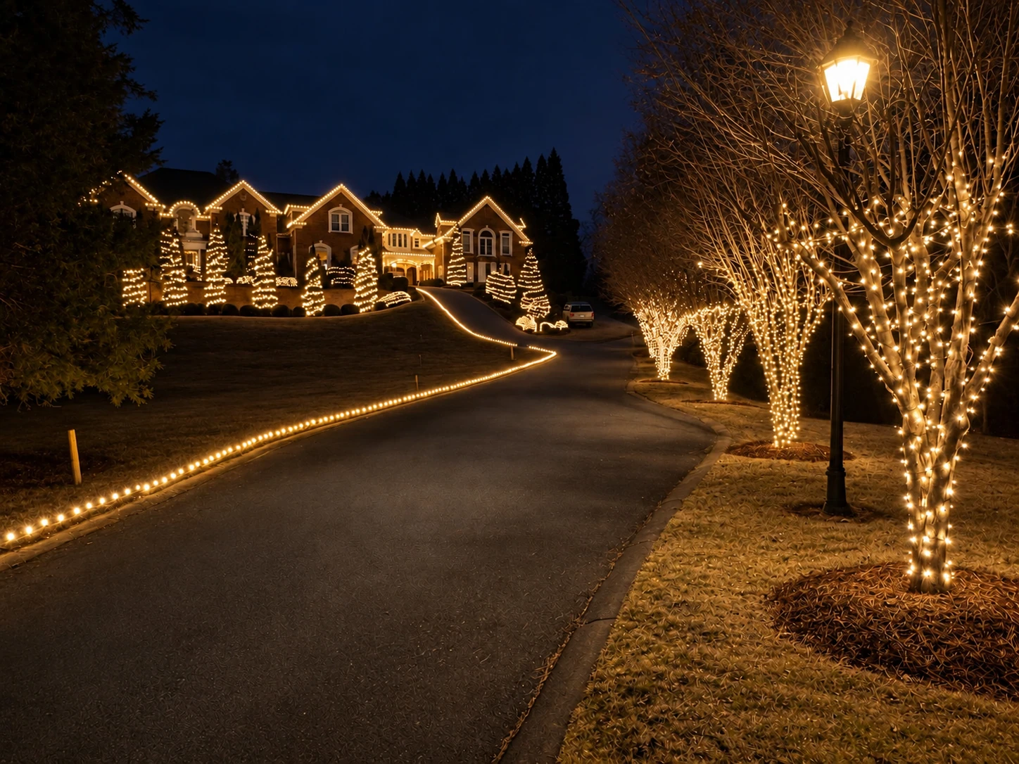 Estate illuminated for the holidays at night