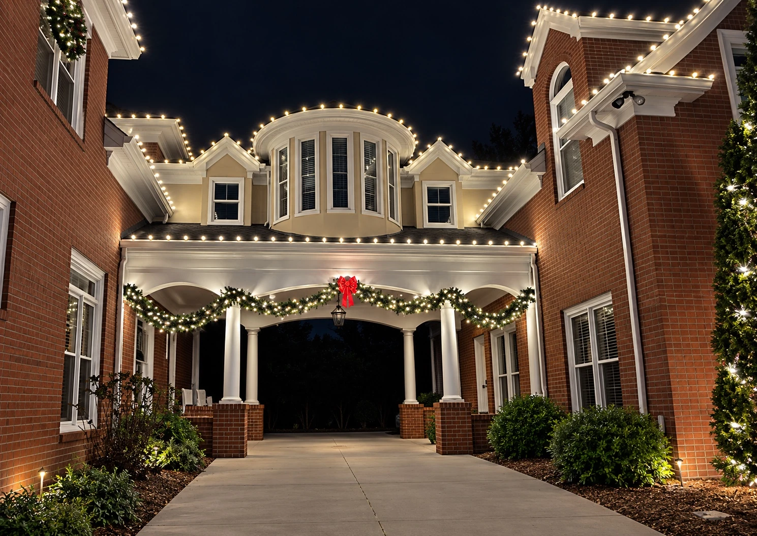 Christmas greenery and lights framing a welcoming entrance