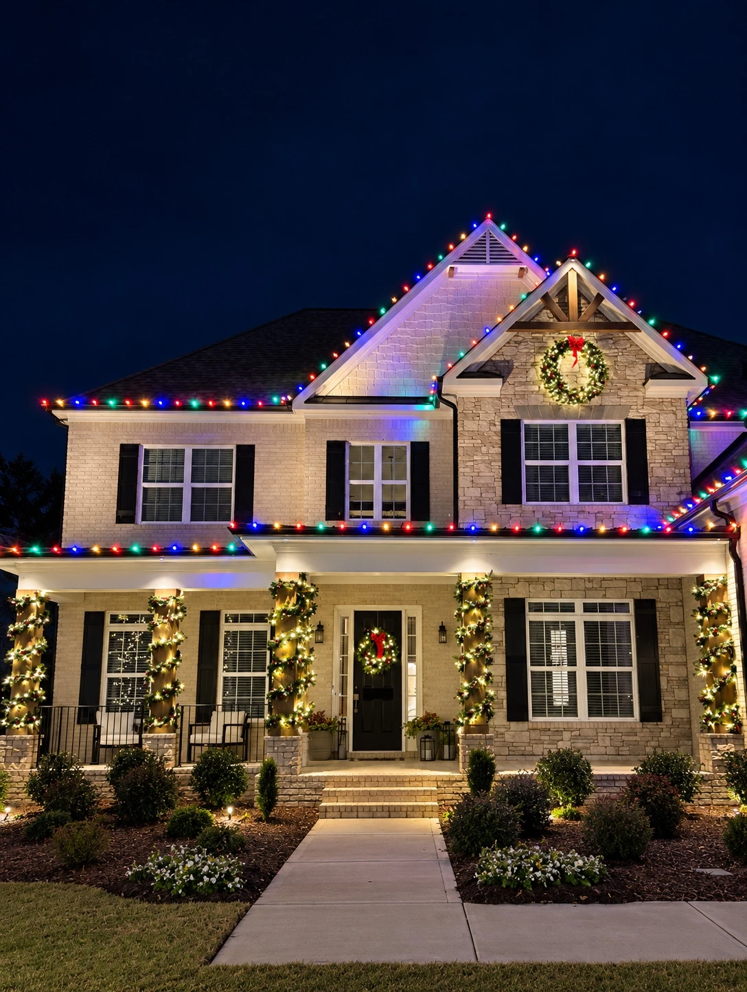 Colorful residential Christmas lights glowing at night
