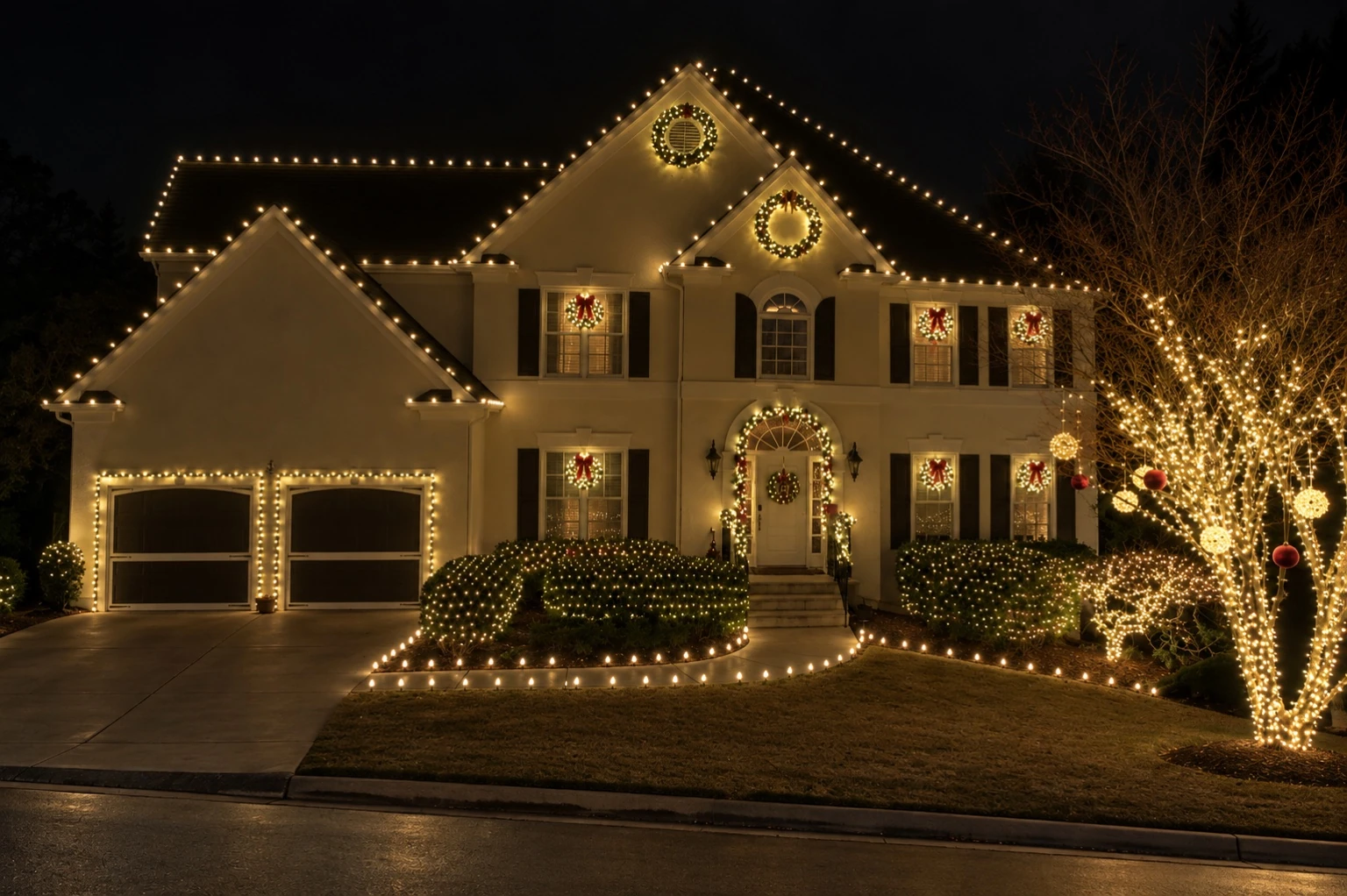 Home glowing with warm roofline lighting and wreaths